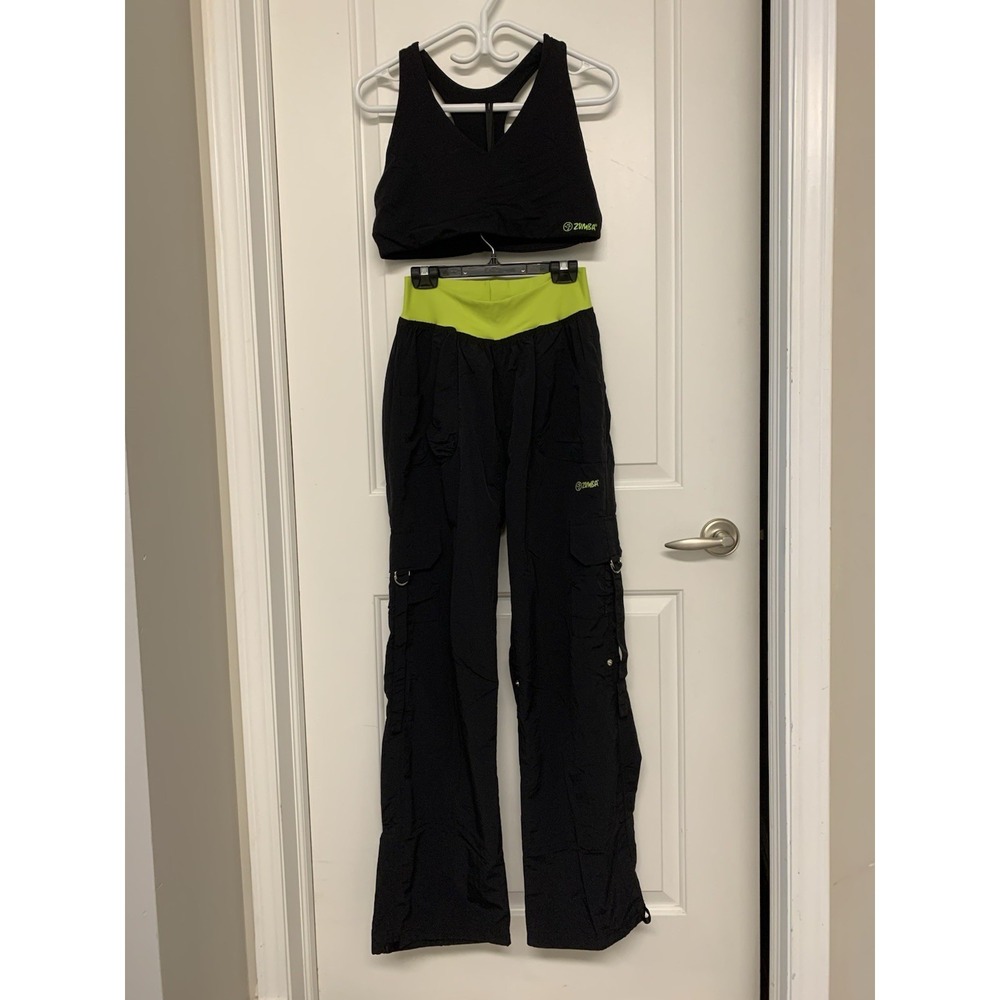 Zumba Wear Nylon Cargo Dance Athletic Pants Womens Large 2pc Set Black Neon Y2K